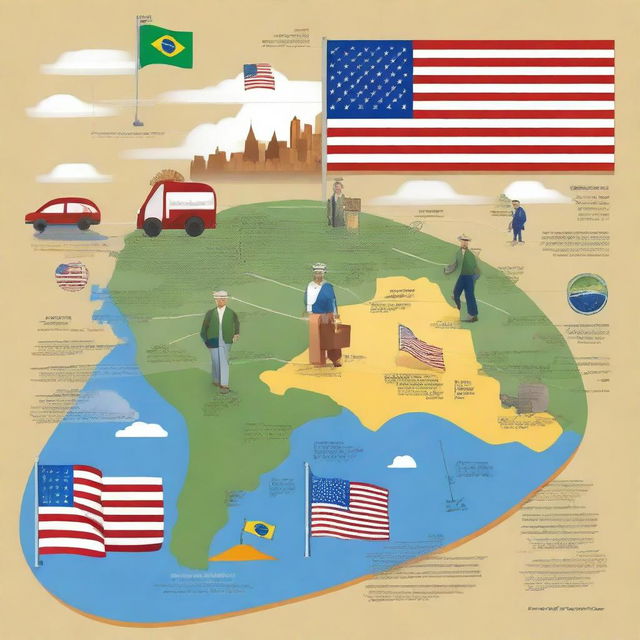 Create a detailed and informative image depicting the journey of Brazilian immigrants in the USA towards securing their INSS retirement benefits