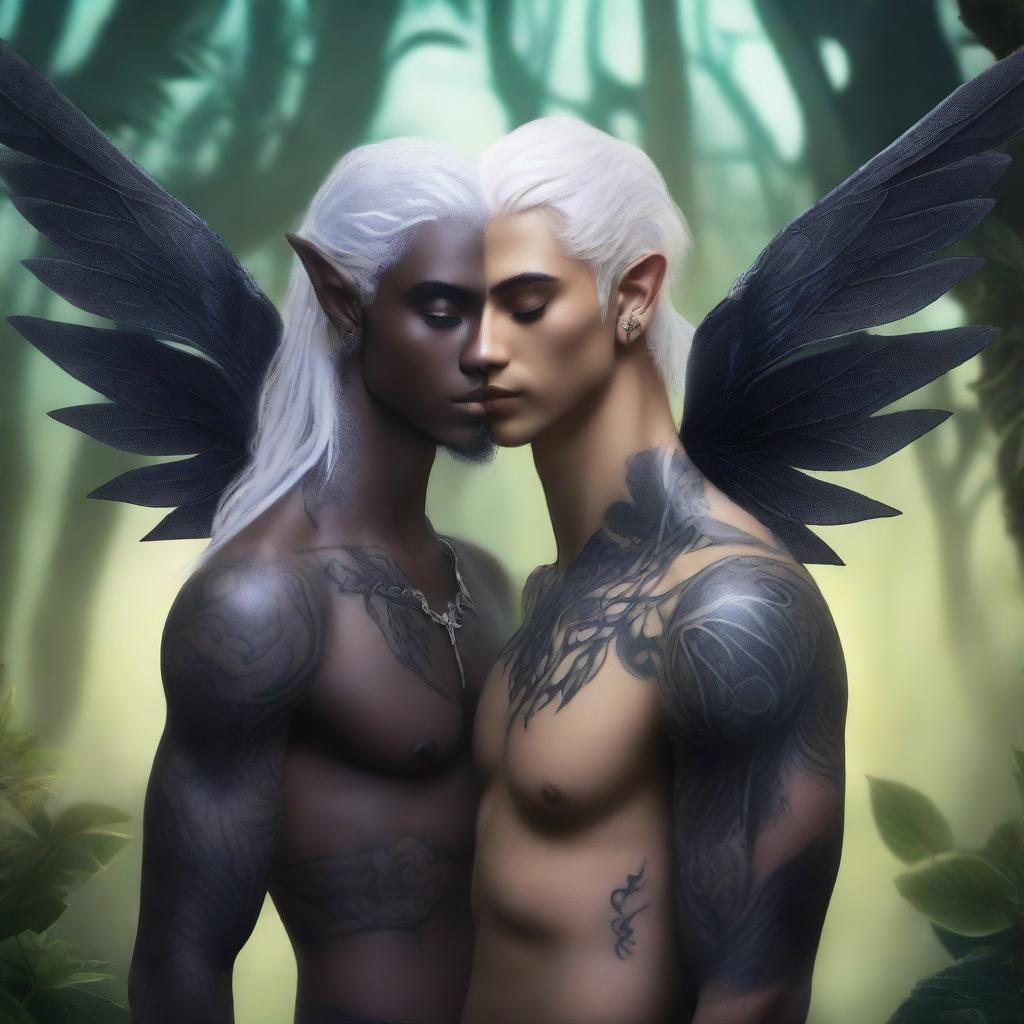 A male elf with white hair and intricate black tattoos covering his body up to his neck