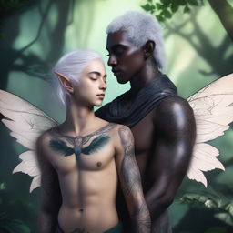 A male elf with white hair and intricate black tattoos covering his body up to his neck