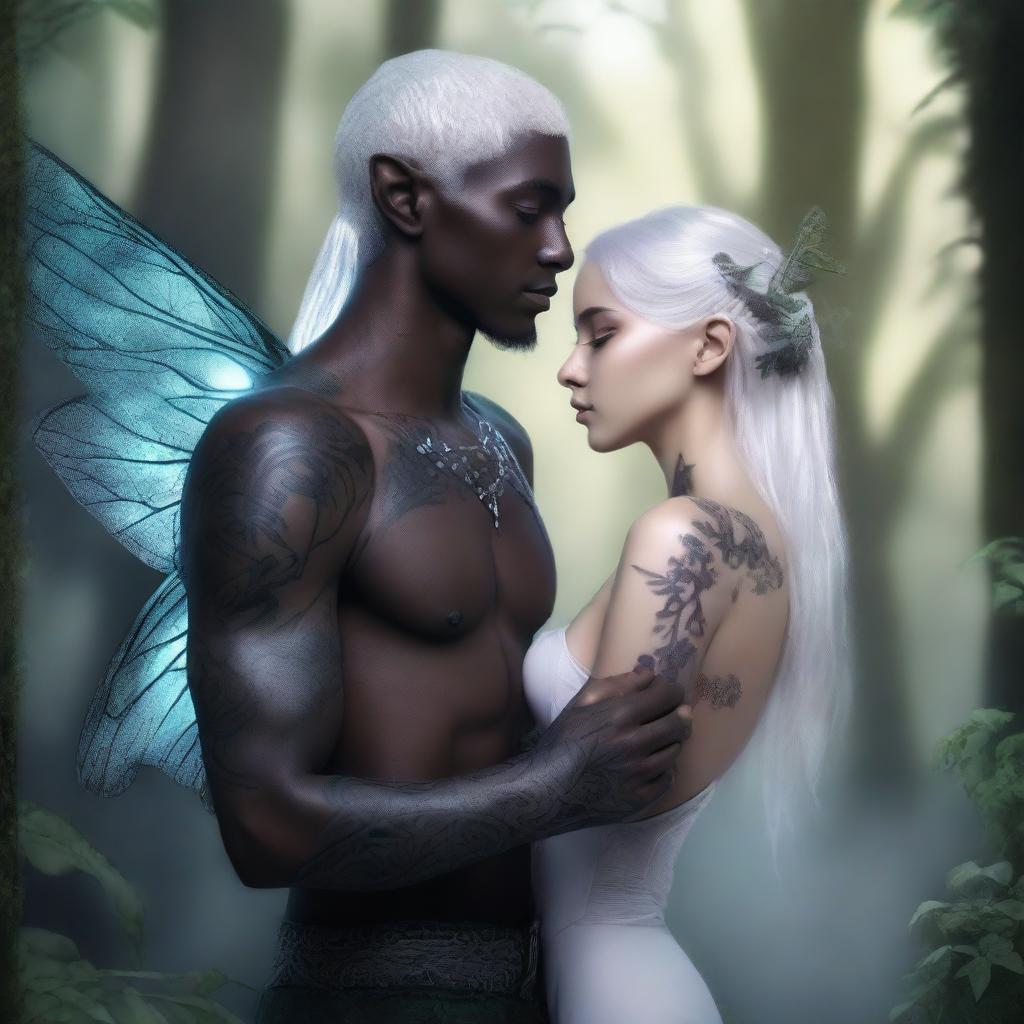 A male elf with white hair and intricate black tattoos covering his body up to his neck