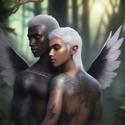 A male elf with white hair and intricate black tattoos covering his body up to his neck