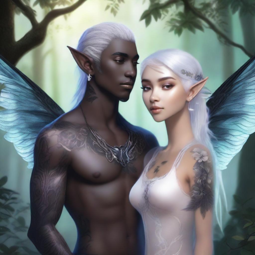 A male elf with white hair and intricate black tattoos covering his body up to his neck