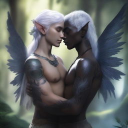 A male elf with white hair and intricate black tattoos covering his body up to his neck