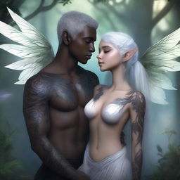 A male elf with white hair and intricate black tattoos covering his body up to his neck