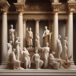 A beautiful and intricate scene showcasing the seven classical arts, including painting, sculpture, music, dance, poetry, architecture, and cinema