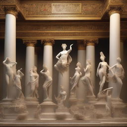 A beautiful and intricate scene showcasing the seven classical arts, including painting, sculpture, music, dance, poetry, architecture, and cinema