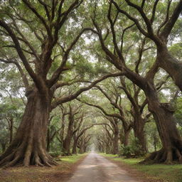 A captivating amalgamation of mighty oak trees and tropical coconut trees, exhibiting unique features of each tree type.