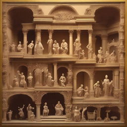 A beautiful and intricate scene showcasing the seven classical arts, including painting, sculpture, music, dance, poetry, architecture, and cinema