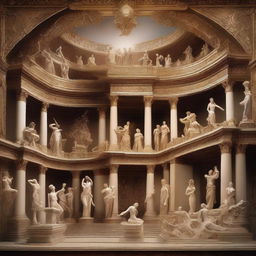 A beautiful and intricate scene showcasing the seven classical arts, including painting, sculpture, music, dance, poetry, architecture, and cinema