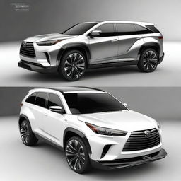 Create an image that combines the design elements of a 2014 Toyota Highlander and a Devel Sixteen