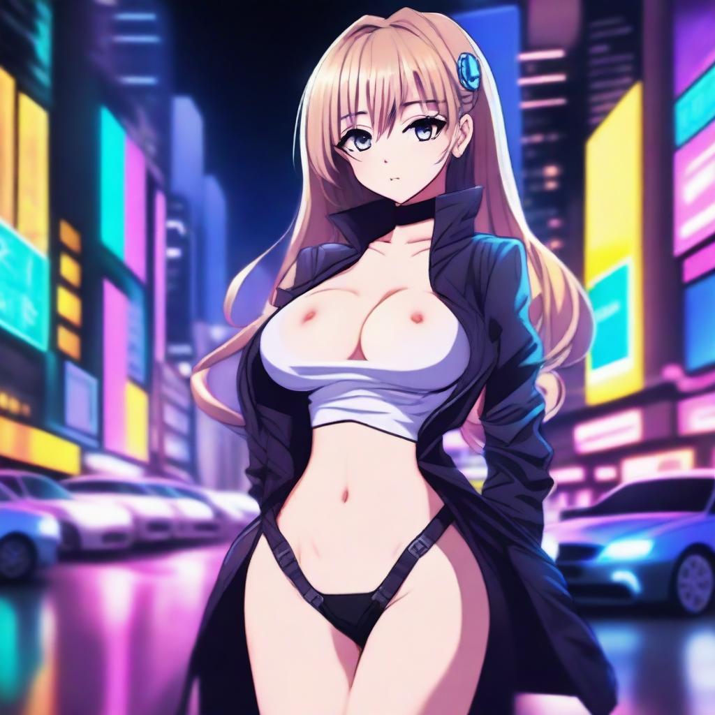 A beautiful anime girl with a seductive look, wearing a stylish outfit that accentuates her curves