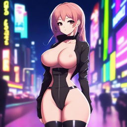 A beautiful anime girl with a seductive look, wearing a stylish outfit that accentuates her curves