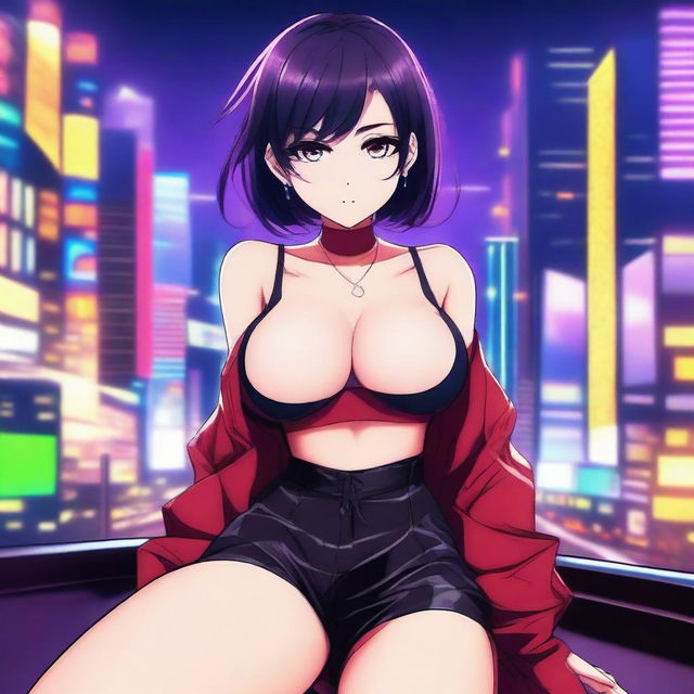 A beautiful anime girl with a seductive look, wearing a stylish outfit that accentuates her curves