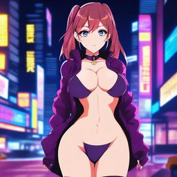 A beautiful anime girl with a seductive look, wearing a stylish outfit that accentuates her curves