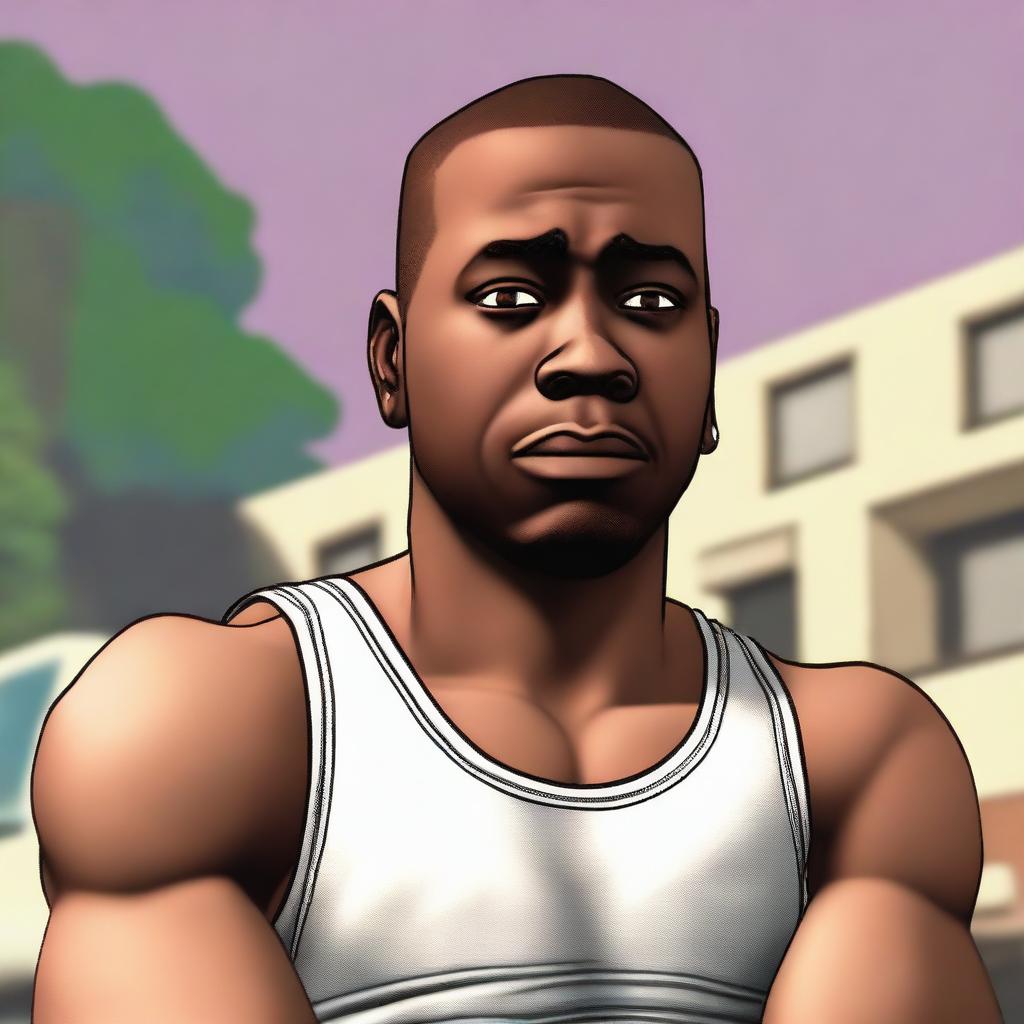 Franklin from GTA, depicted as a black man with a white tank top, appears with a sad expression