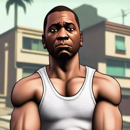 Franklin from GTA, depicted as a black man with a white tank top, appears with a sad expression