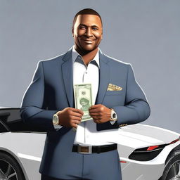 Franklin from GTA, an African American man, wearing a millionaire's suit and shirt, holding money in his hands, smiling with short hair, and a black Ferrari behind him