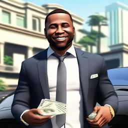 Franklin from GTA, an African American man, wearing a millionaire's suit and shirt, holding money in his hands, smiling with short hair, and a black Ferrari behind him