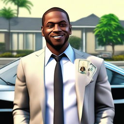 Franklin from GTA, an African American man, wearing a millionaire's suit and shirt, holding money in his hands, smiling with short hair, and a black Ferrari behind him