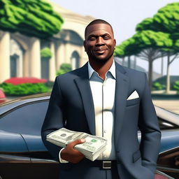 Franklin from GTA, an African American man, wearing a millionaire's suit and shirt, holding money in his hands, smiling with short hair, and a black Ferrari behind him