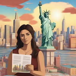 A detailed and inspiring scene depicting María López, an immigrant in the United States, dreaming of a bright future