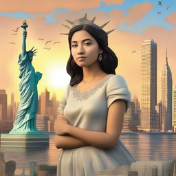 A detailed and inspiring scene depicting María López, an immigrant in the United States, dreaming of a bright future