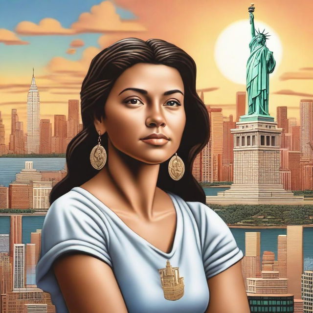 A detailed and inspiring scene depicting María López, an immigrant in the United States, dreaming of a bright future