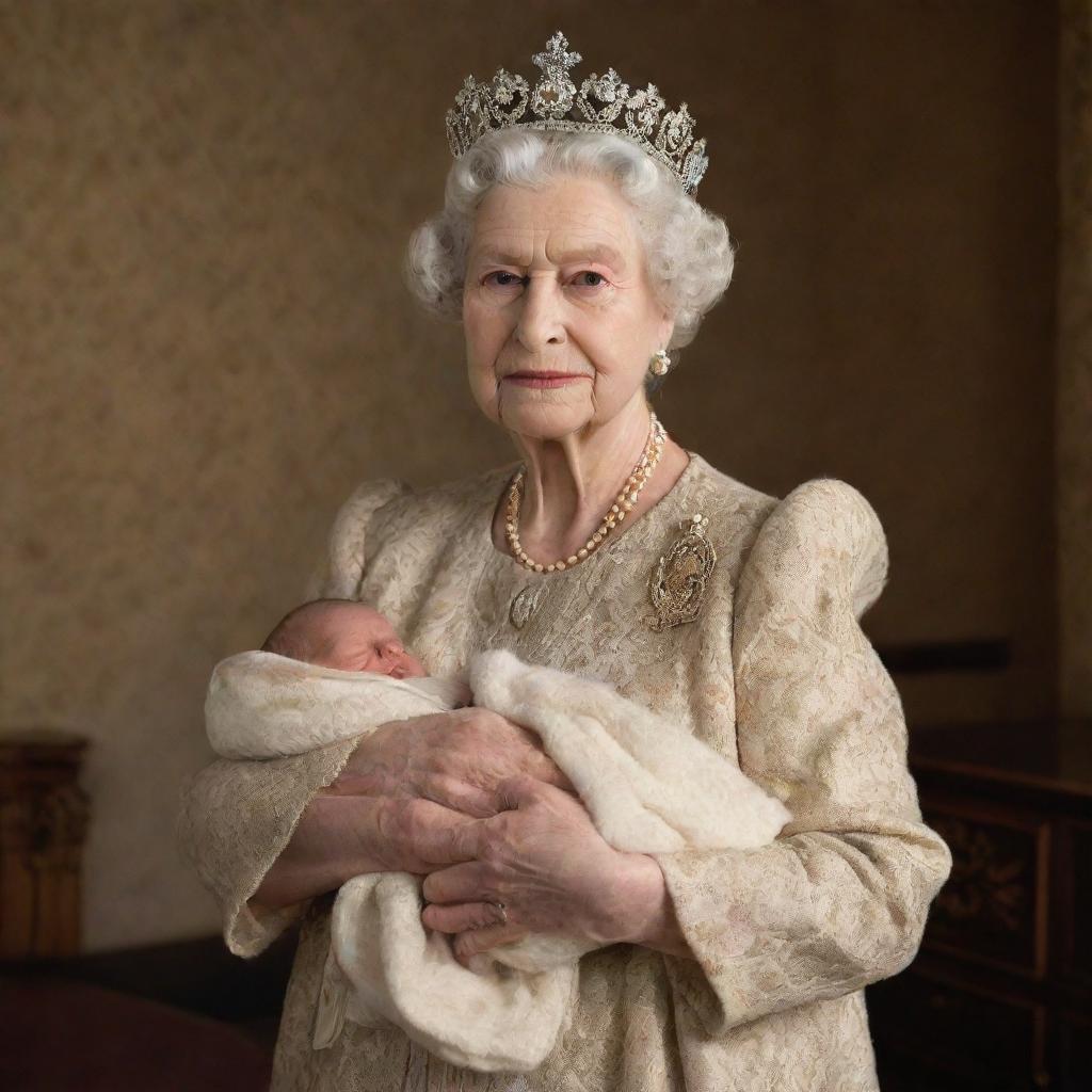 A richly dressed, elderly queen from a bygone era carrying a newborn child in her arms, radiating warmth and nobility.