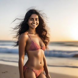 A 20-year-old Indian girl wearing a bikini, standing confidently at the beach with the ocean waves in the background