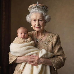 A richly dressed, elderly queen from a bygone era carrying a newborn child in her arms, radiating warmth and nobility.