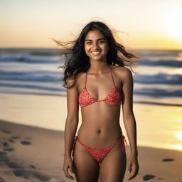 A 20-year-old Indian girl wearing a bikini, standing confidently at the beach with the ocean waves in the background