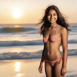 A 20-year-old Indian girl wearing a bikini, standing confidently at the beach with the ocean waves in the background