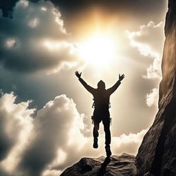 A motivational image for a YouTube channel profile, featuring inspiring elements such as a person climbing a mountain, rays of sunlight breaking through clouds, and a sense of achievement and overcoming obstacles