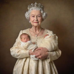 A richly dressed, elderly queen from a bygone era carrying a newborn child in her arms, radiating warmth and nobility.