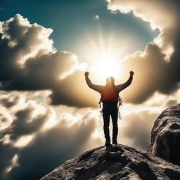 A motivational image for a YouTube channel profile, featuring inspiring elements such as a person climbing a mountain, rays of sunlight breaking through clouds, and a sense of achievement and overcoming obstacles