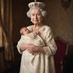 A richly dressed, elderly queen from a bygone era carrying a newborn child in her arms, radiating warmth and nobility.