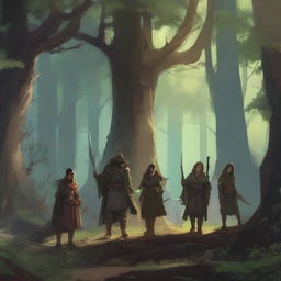 A group of adventurers embarking on a quest through a mysterious forest
