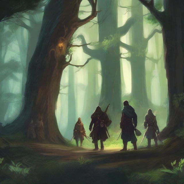 A group of adventurers embarking on a quest through a mysterious forest