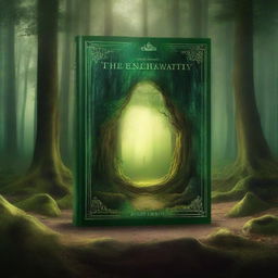 Create an intriguing book cover design featuring a mysterious forest with an ancient, glowing portal at its center