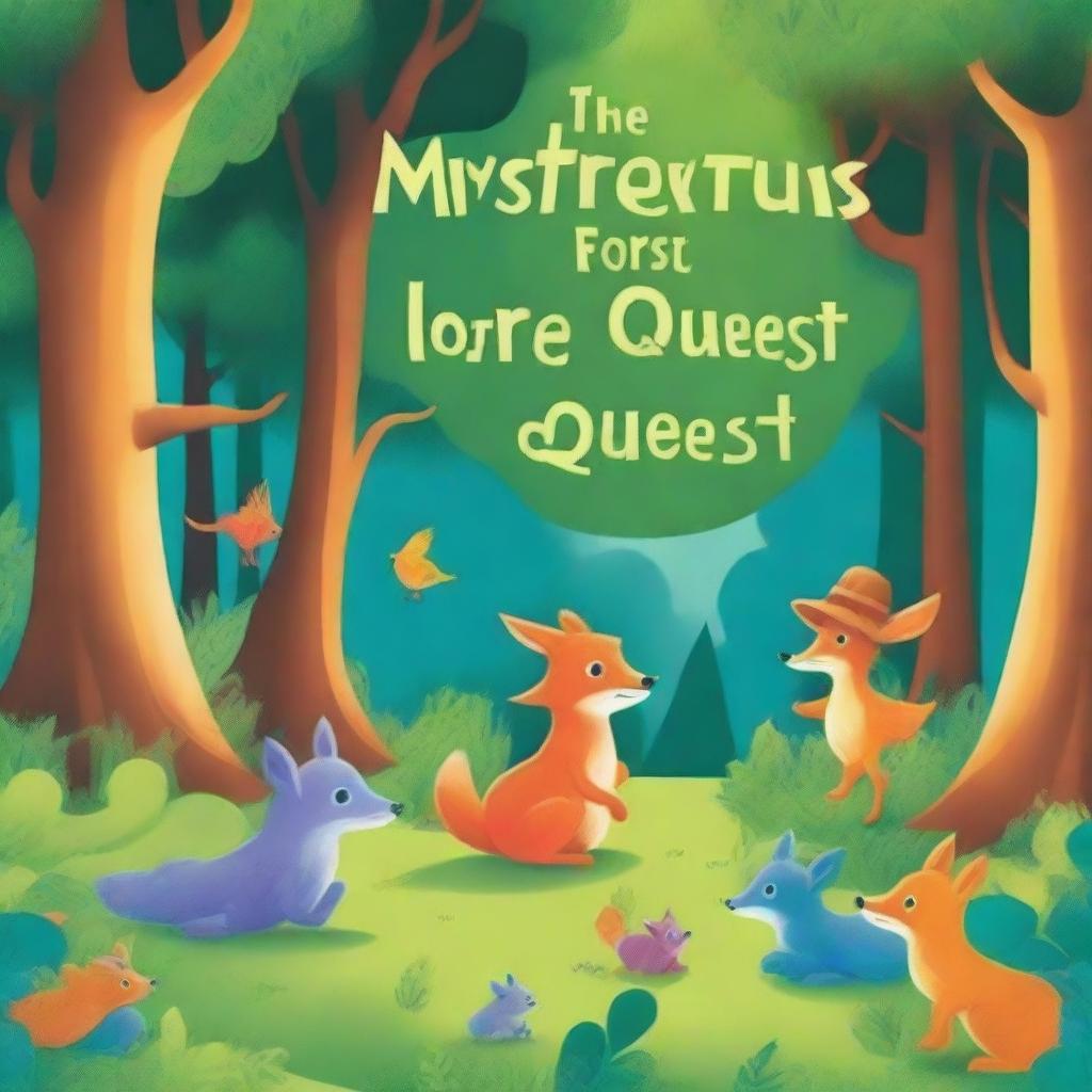 Create a vibrant and enchanting cover for a children's book titled 'The Mysterious Forest Quest'