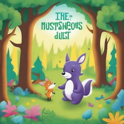 Create a vibrant and enchanting cover for a children's book titled 'The Mysterious Forest Quest'