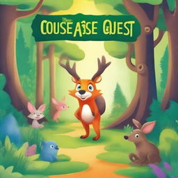 Create a vibrant and enchanting cover for a children's book titled 'The Mysterious Forest Quest'