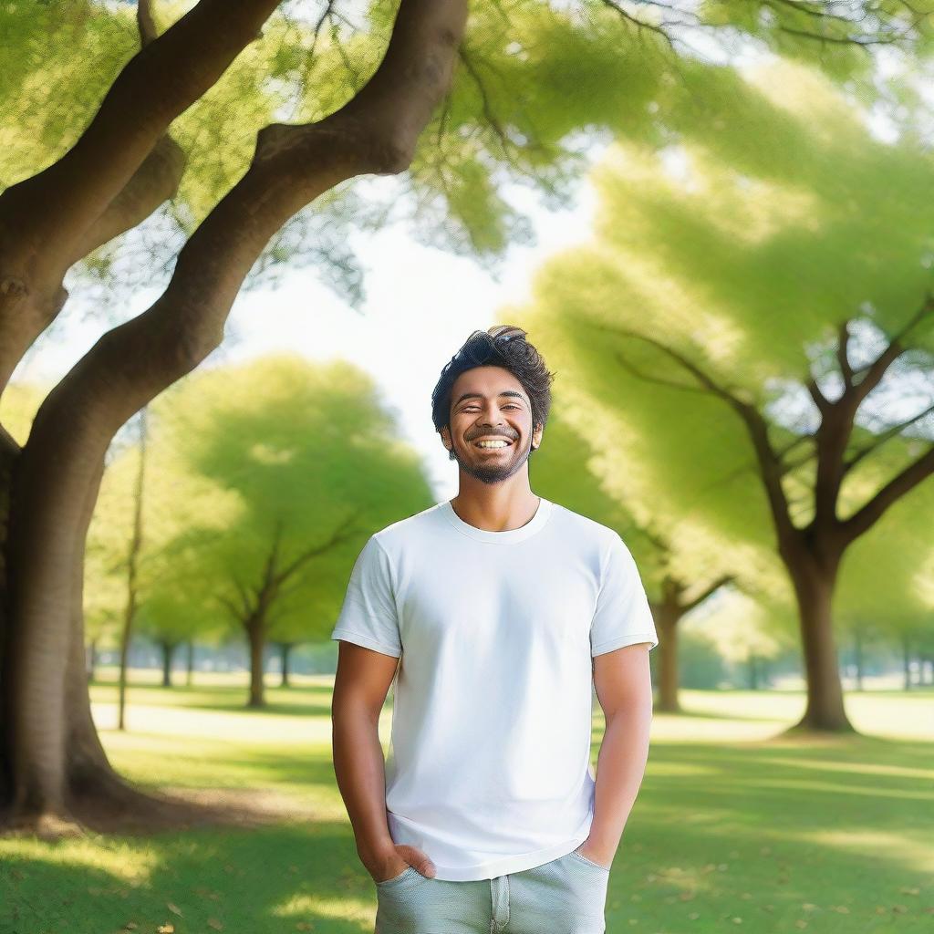 A cheerful and happy person with a big smile on their face, standing in a sunny park with green trees and a clear blue sky in the background