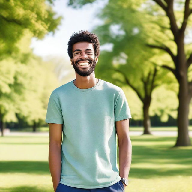 A cheerful and happy person with a big smile on their face, standing in a sunny park with green trees and a clear blue sky in the background