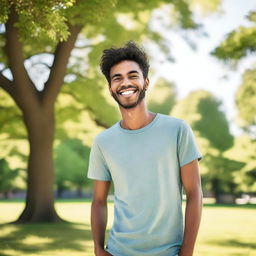 A cheerful and happy person with a big smile on their face, standing in a sunny park with green trees and a clear blue sky in the background