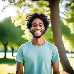 A cheerful and happy person with a big smile on their face, standing in a sunny park with green trees and a clear blue sky in the background