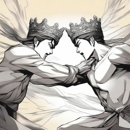 Two hands are depicted fighting for a crown, illustrated in a detailed manhwa style