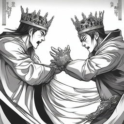 Two hands are depicted fighting for a crown, illustrated in a detailed manhwa style