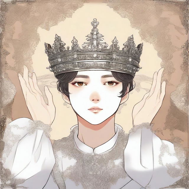 Two hands are raised towards a crown, illustrated in a detailed manhwa style