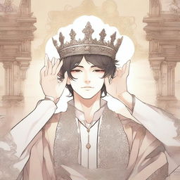 Two hands are raised towards a crown, illustrated in a detailed manhwa style